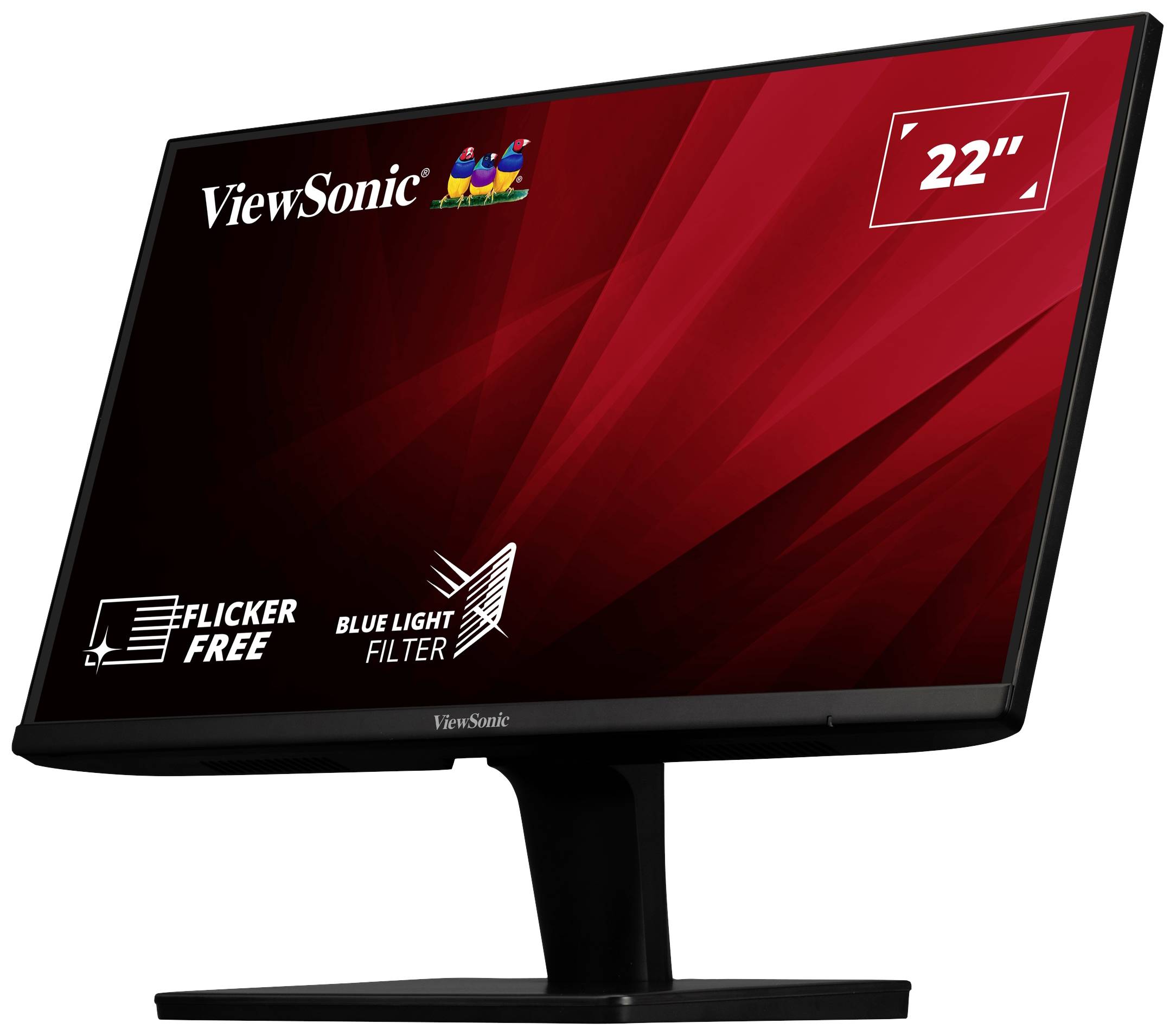 Monitor ViewSonic s 22palcovou obrazovkou, propagující funkce 'Flicker Free' a 'Blue Light Filter' na červeném pozadí.