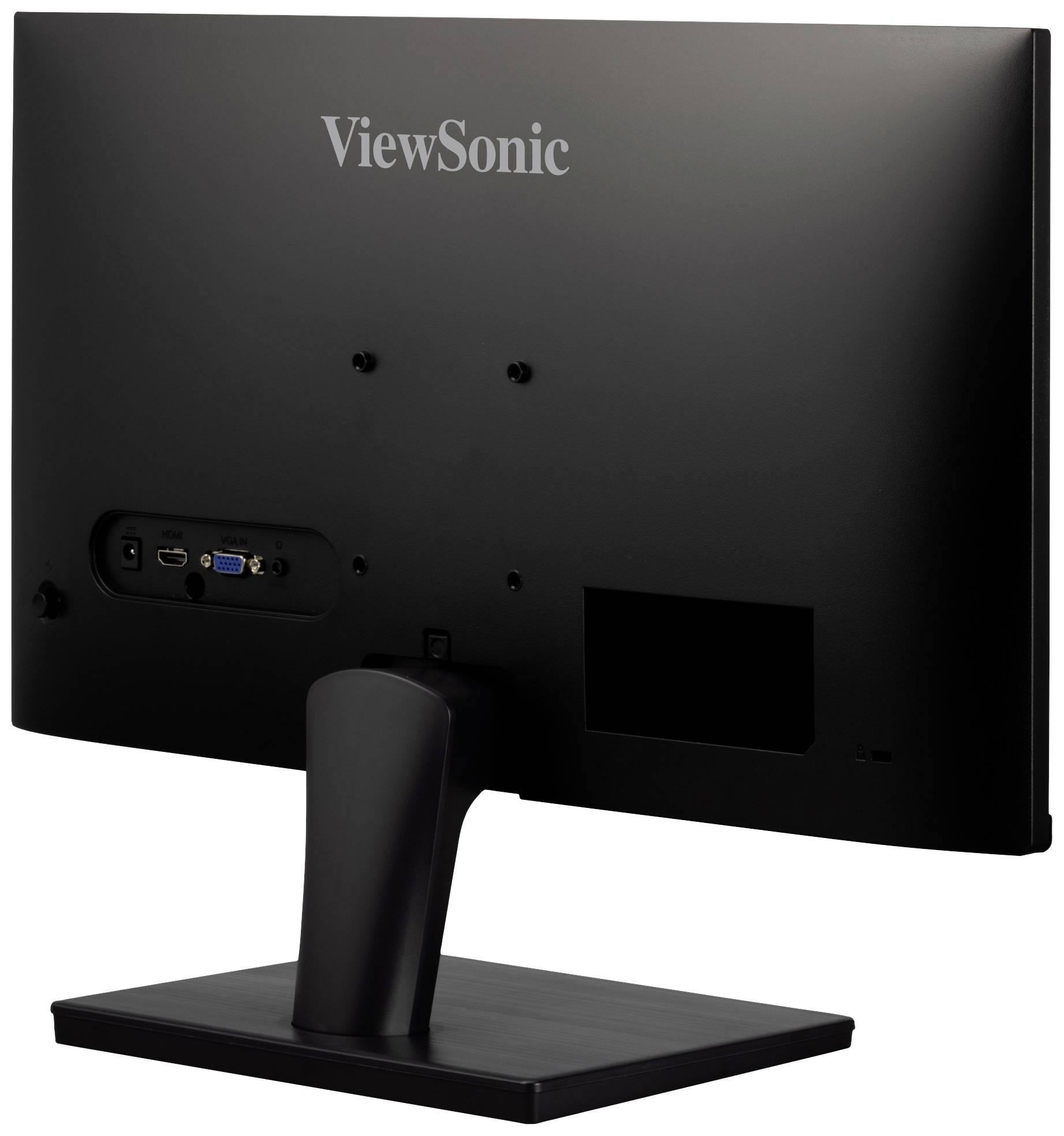 Černý monitor ViewSonic zachycený zezadu, ukazující připojení a stabilní stojan, bez pohledu na obrazovku.