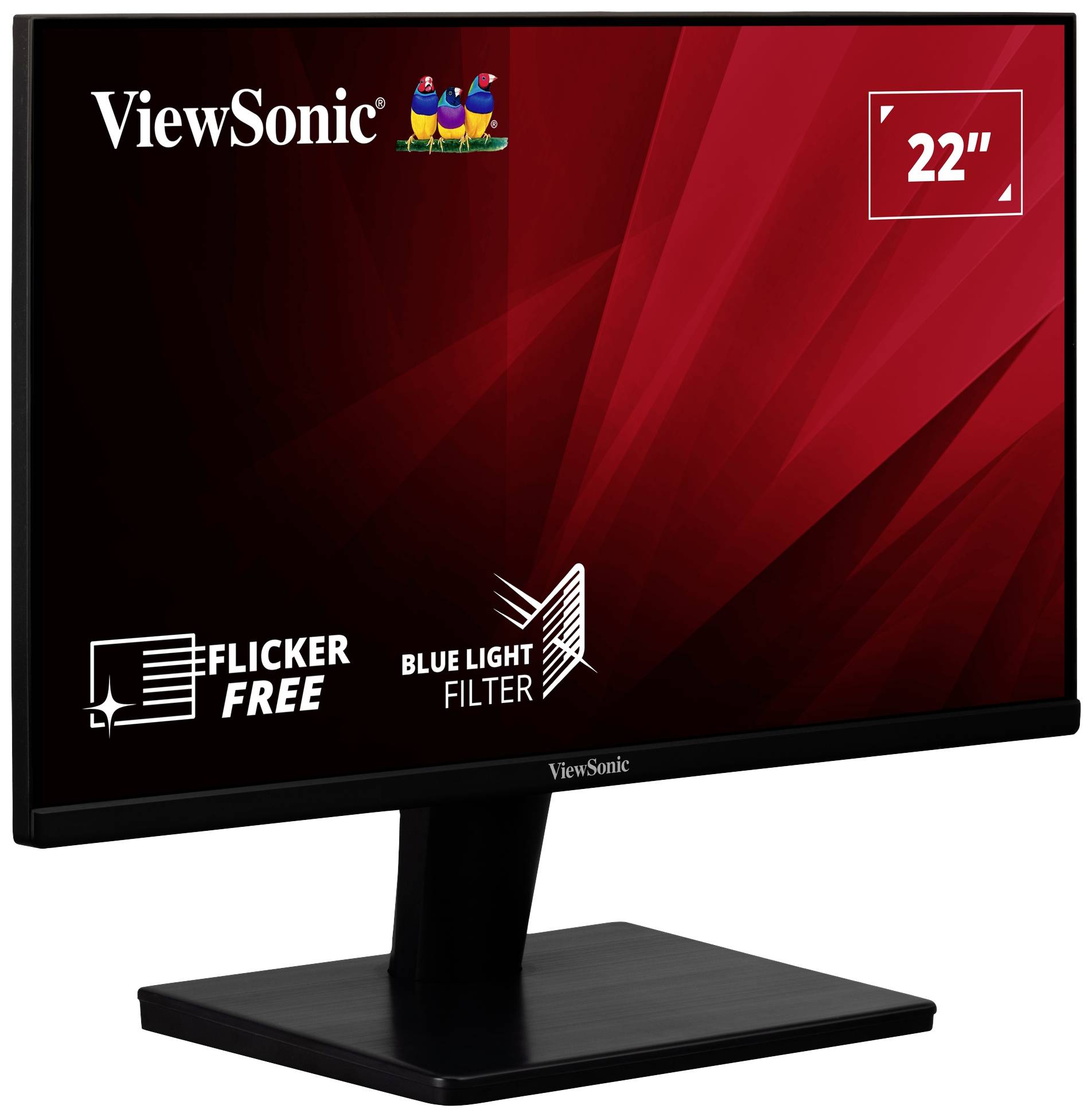 22palcový monitor ViewSonic v černé barvě s funkcemi 'Flicker Free' a 'Blue Light Filter', červené pozadí obrazovky.