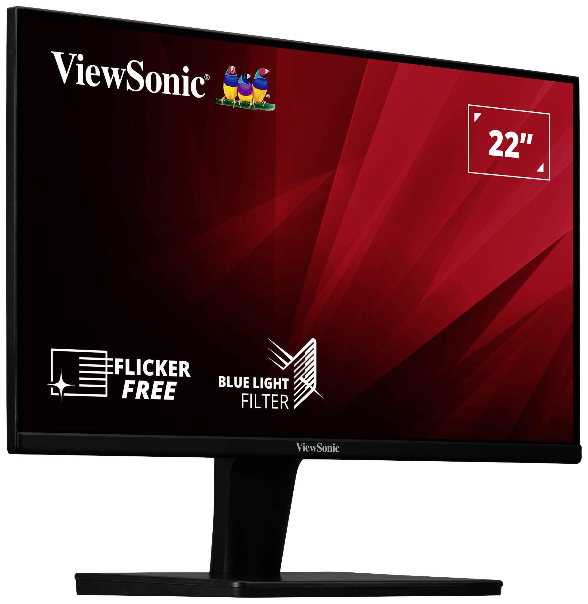 22palcový monitor od ViewSonic s červeným pozadím. Vlastnosti: bez blikání a modrý filtr světla. Hlavní barva je černá.
