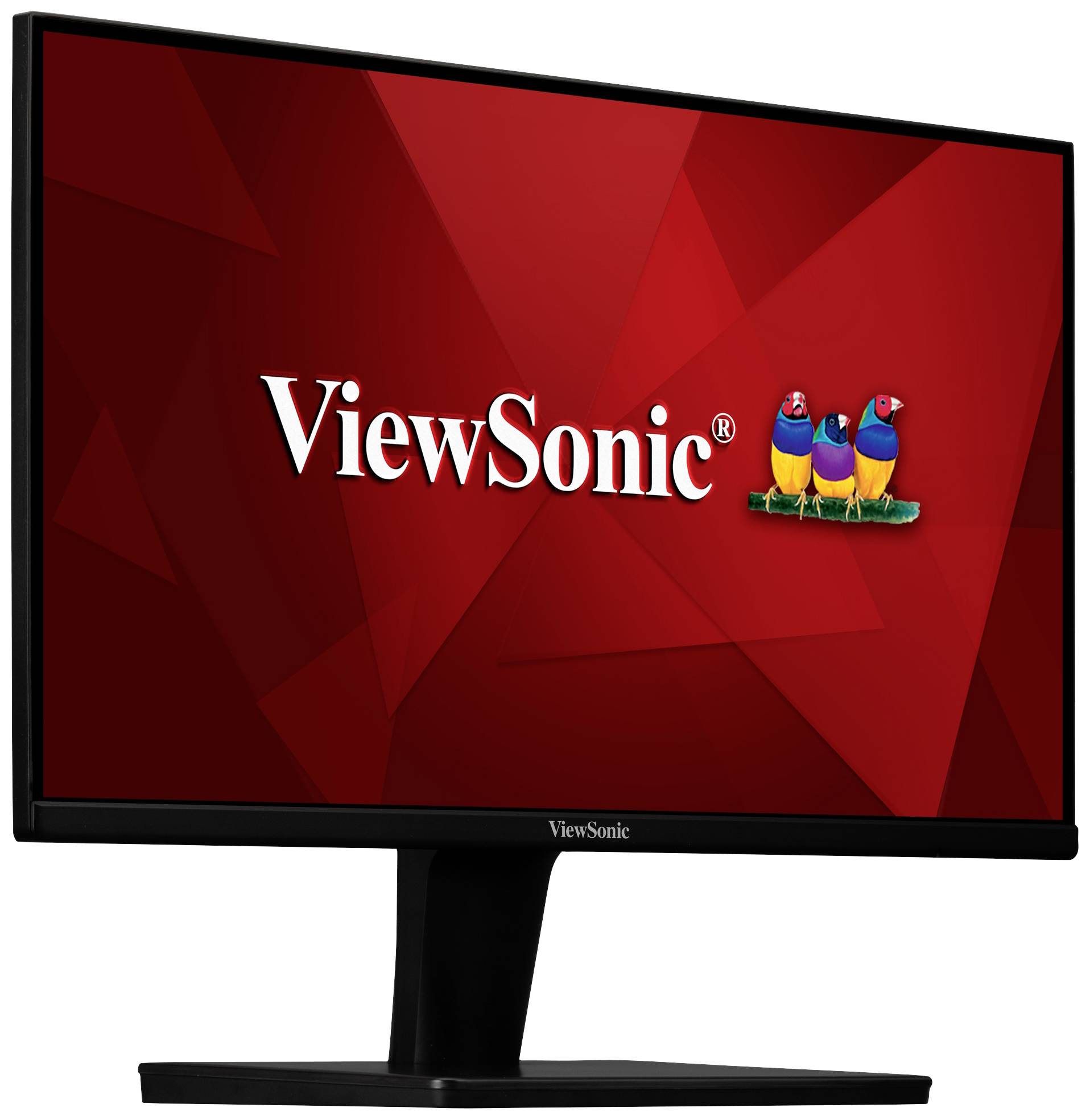 Počítačový monitor s červeným pozadím zobrazuje logo ViewSonic a tři stylizované ptáky.