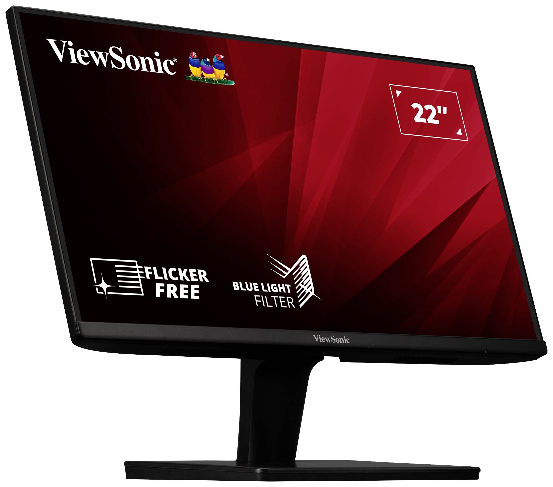 Počítačový monitor značky ViewSonic s 22palcovým displejem. Na obrazovce jsou zobrazeny nápisy 'Flicker Free' a 'Blue Light Filter'.