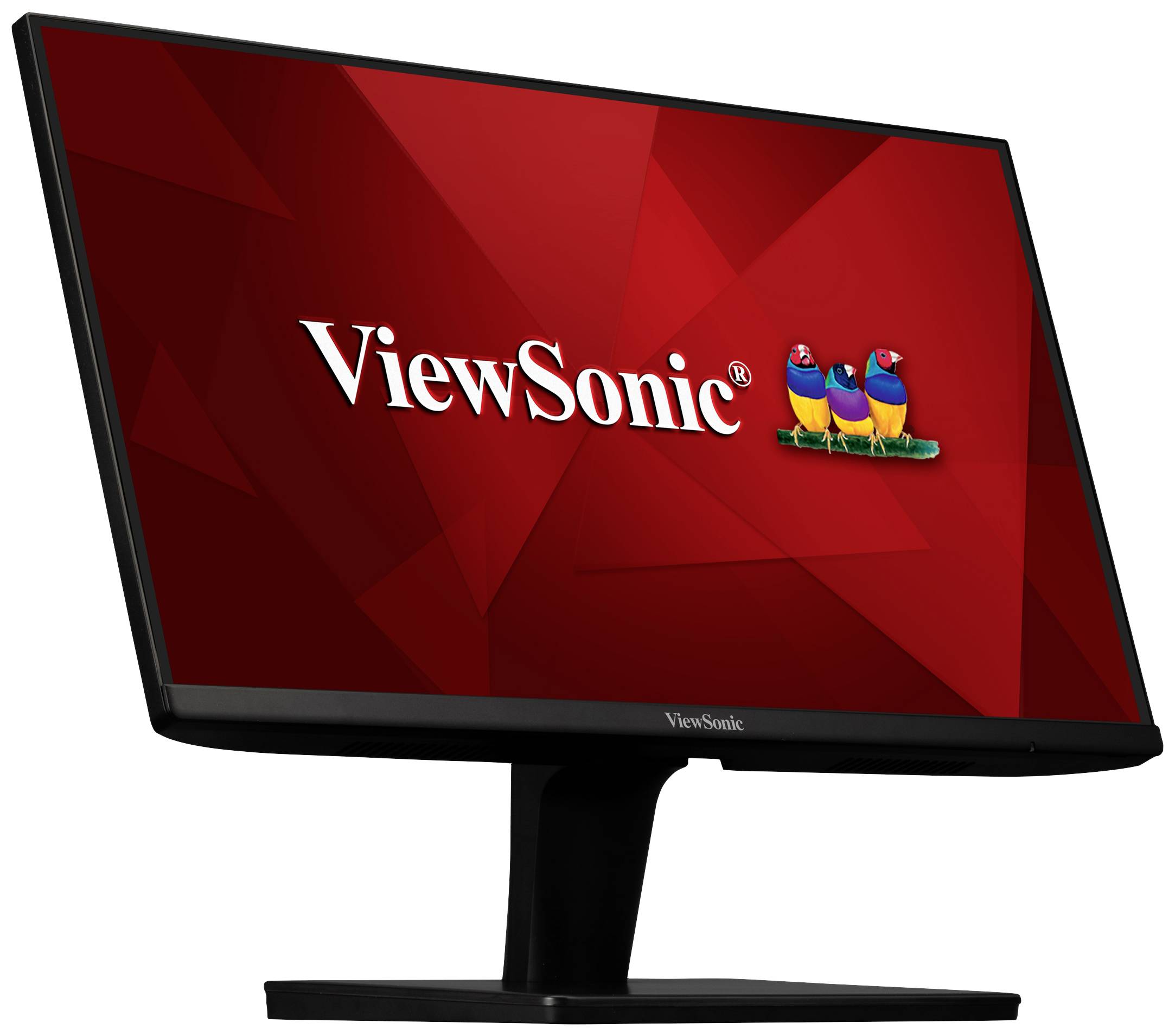 Monitor s červeným pozadím obrazovky zobrazuje logo ViewSonic a tři pestrobarevné ptáky.