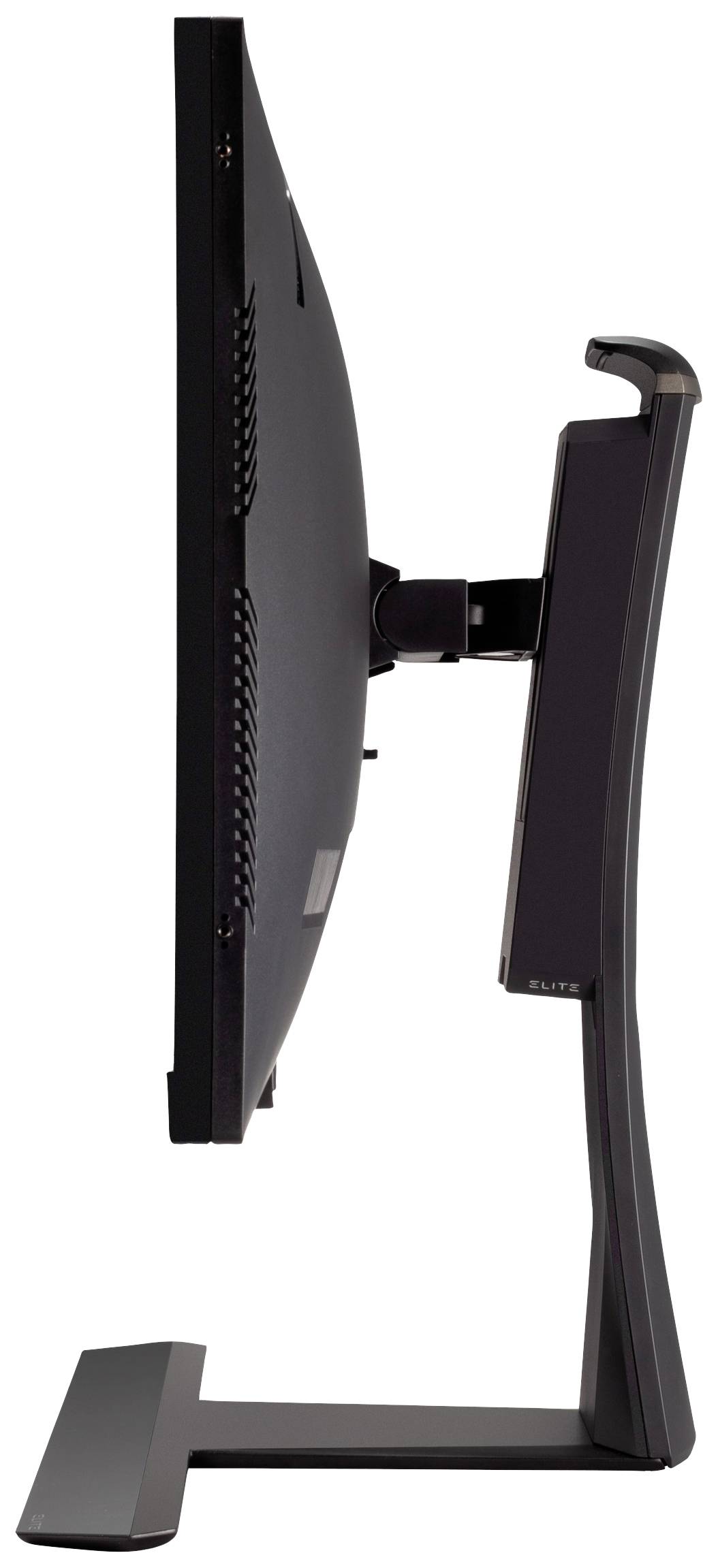 Boční pohled na moderní počítačový monitor s tenkým designem a zakřiveným displejem, umístěný na elegantním stojanu.