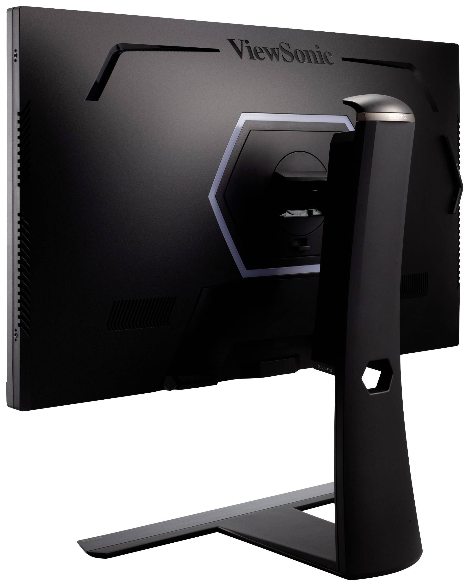 Monitor s logem 'ViewSonic' viditelným zezadu. Design je štíhlý a moderní, s šestiúhelníkovým vzorem kolem podstavce.