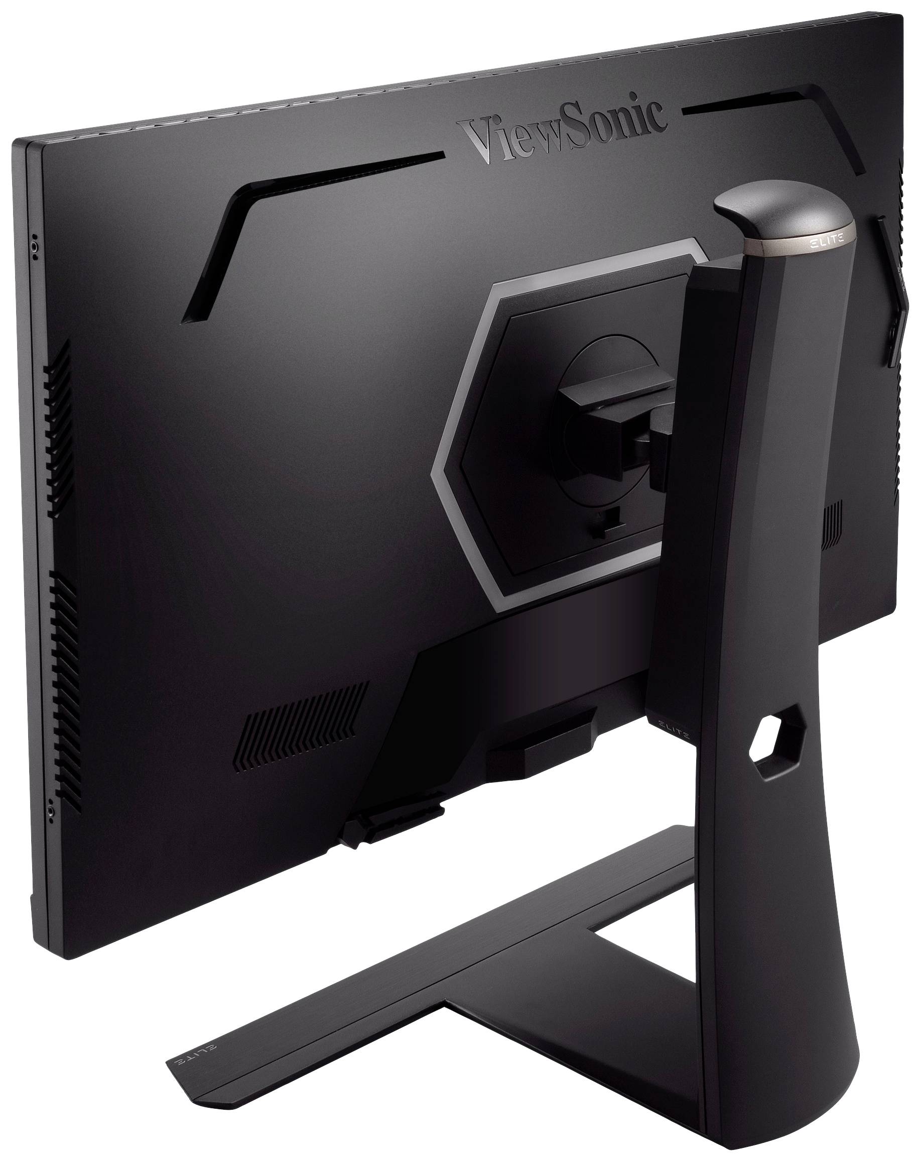 Černý počítačový monitor zezadu, upevněný na elegantním pravoúhlém stojanu.