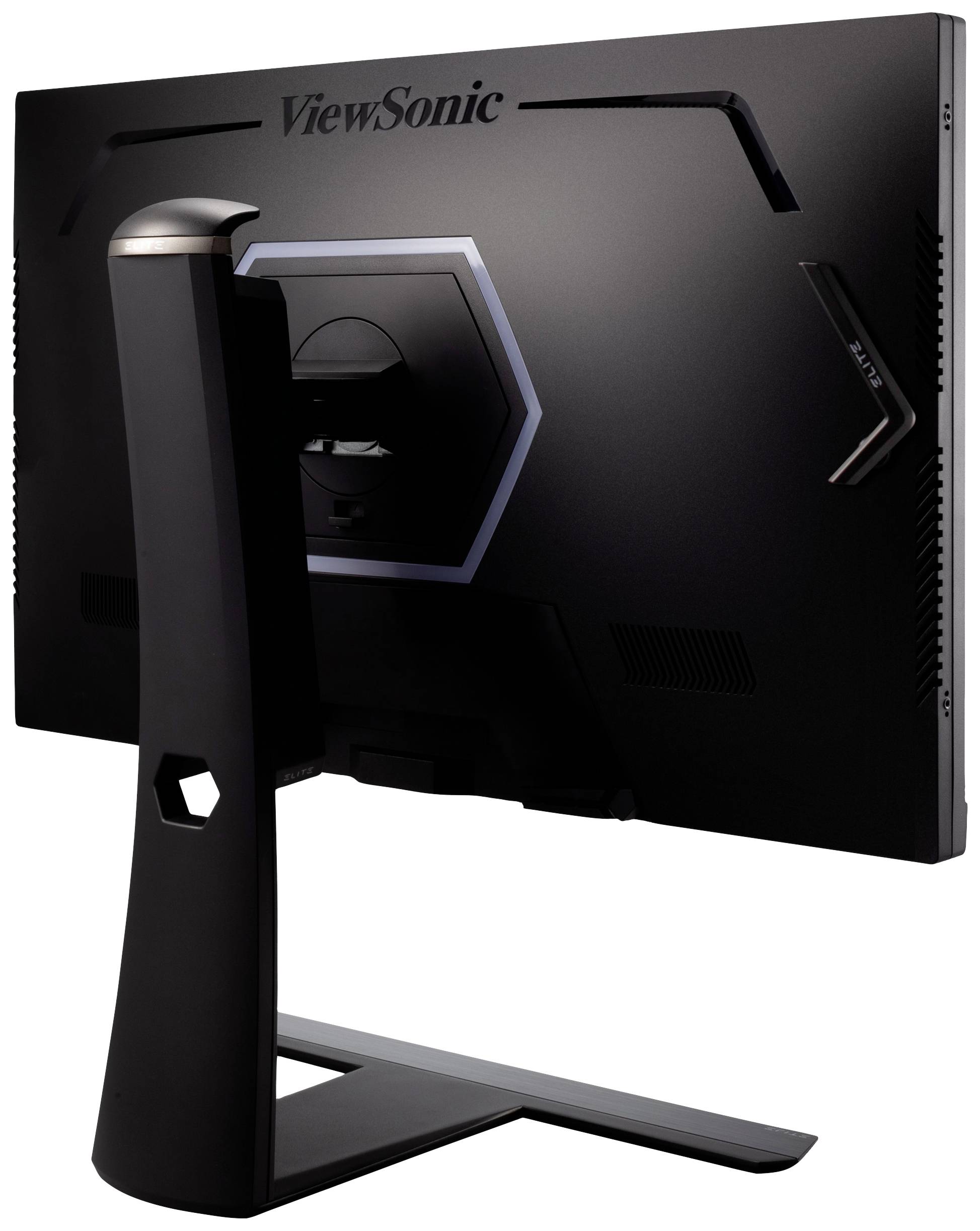 Černý monitor ViewSonic pohledem zezadu, ukazující stojan a zadní stranu displeje bez viditelných konektorů.