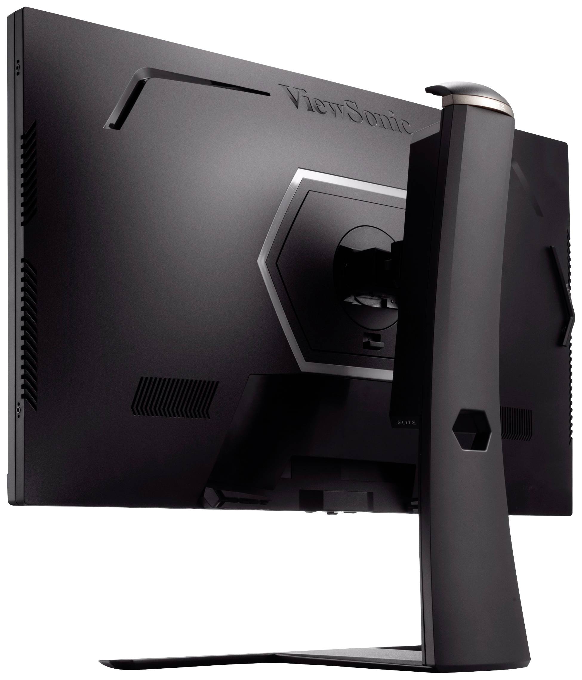 Zadní pohled na černý počítačový monitor s elegantním, moderním designem a stabilní podstavou, na které je vidět značka.