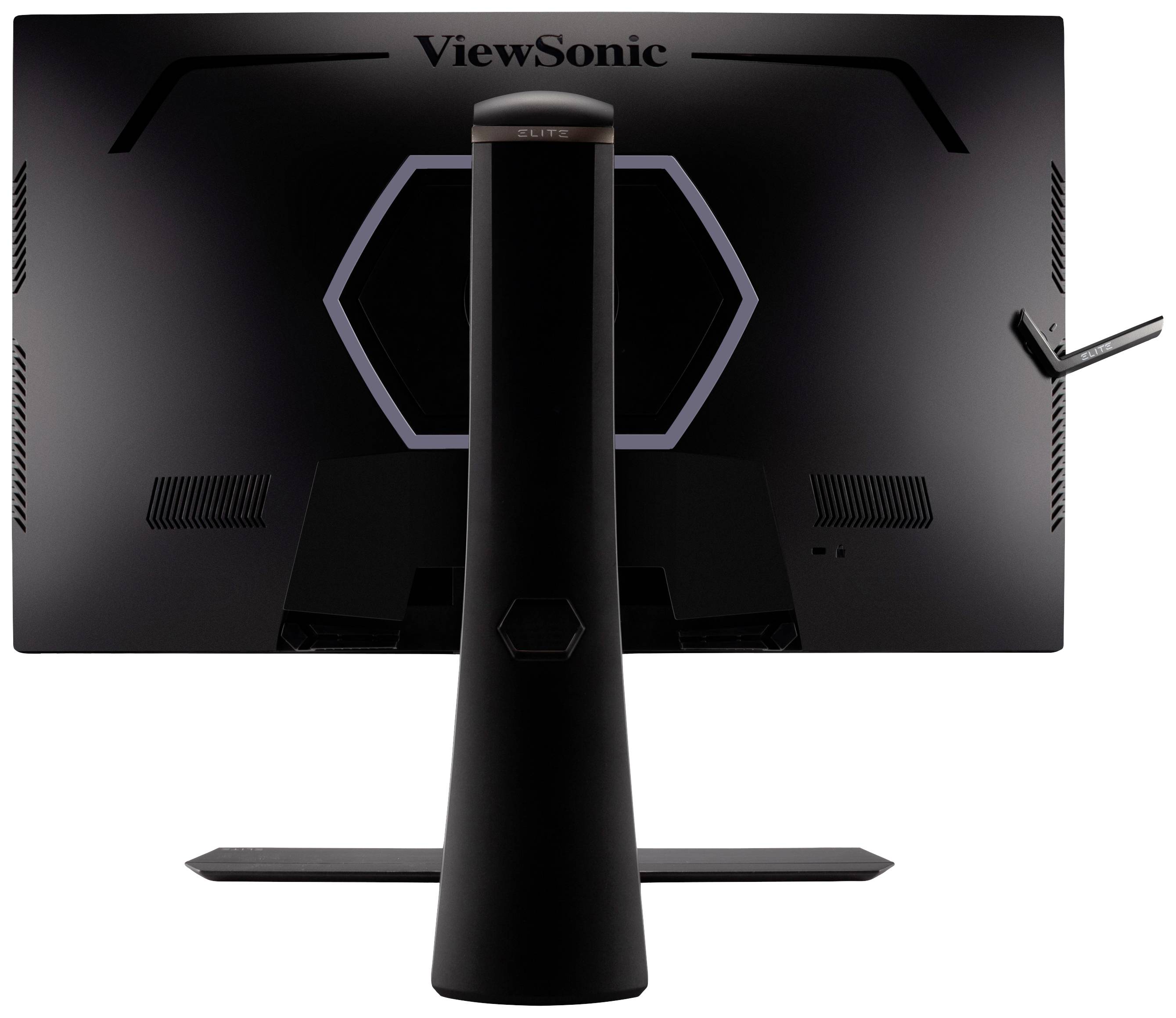 Pohled na monitor ViewSonic zezadu, upevněný na stojanu s šestiúhelníkovým designem. Po stranách jsou viditelné větrací štěrbiny.