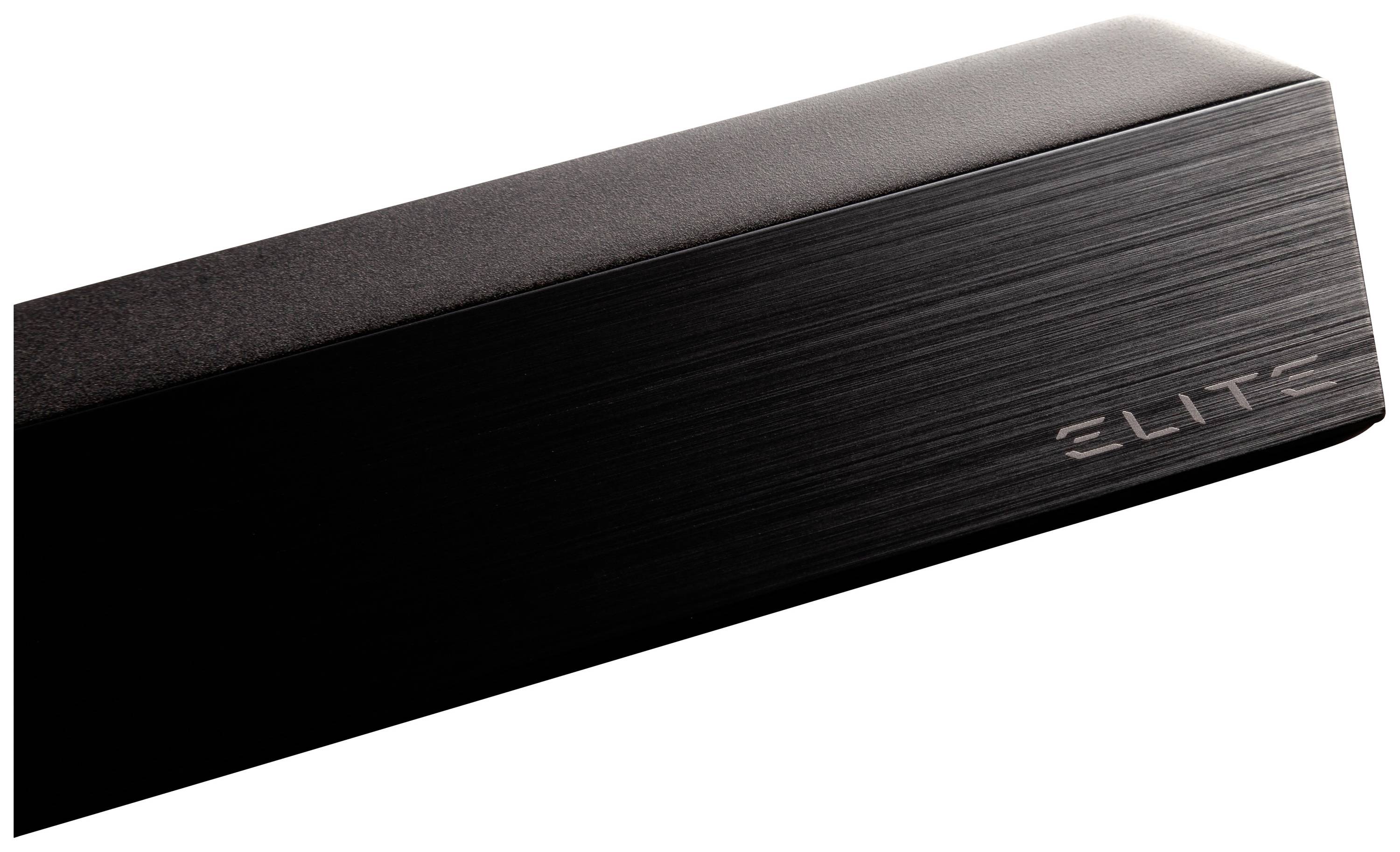 Tmavý soundbar s nápisem 'ELITE' na pravé straně se prezentuje v jednoduchém, elegantním designu.