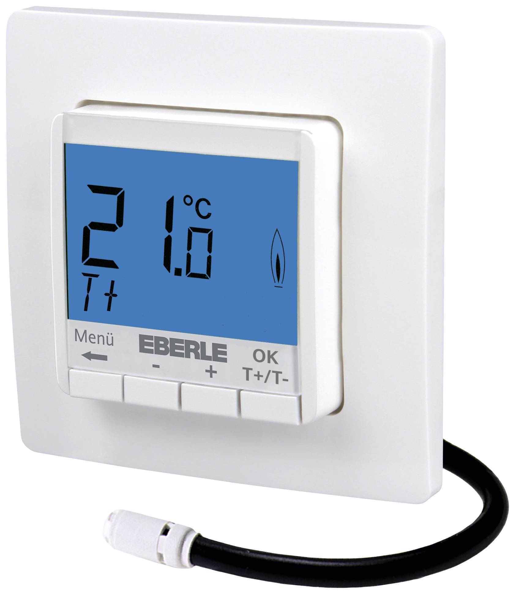 Digitální termostat zobrazuje '21°C' na modrém displeji. Zařízení má tlačítka pro menu, OK a regulaci teploty.