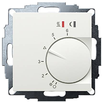 Bílý otočný regulátor ukazuje stupnici od 0 do 6. Nahoře jsou symboly pro topení, ventilátor a LED indikátor. Primárně určen pro regulaci teploty.