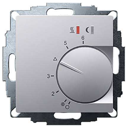 Stříbrný otočný regulátor topení s čísly od 1 do 6, dvěma kontrolkami a ikonami pro ovládání teploty a ventilace.
