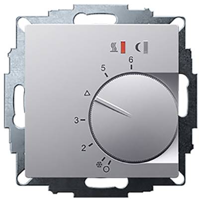 Stříbrný otočný regulátor topení s čísly od 1 do 6, dvěma kontrolkami a ikonami pro ovládání teploty a ventilace.