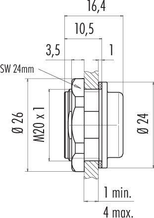 Technický výkres šroubu s rozměry: celková délka 16,4 mm, průměr 26 mm, závit M20 x 1, šířka klíče 24 mm.
