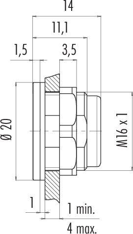 Technický výkres šroubového spoje s rozměry: průměr 20 mm, délka 11,1 mm, závit M16 x 1.