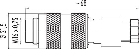 Technický výkres konektoru s rozměry: délka cca 68 mm, průměr 21,5 mm, závit M16 x 0,75.