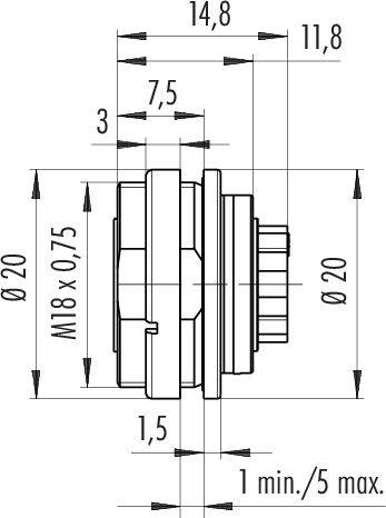 Technický výkres válcové součásti s popisky: Průměr 20 mm, délka 14,8 mm, závit M18 x 0,75.