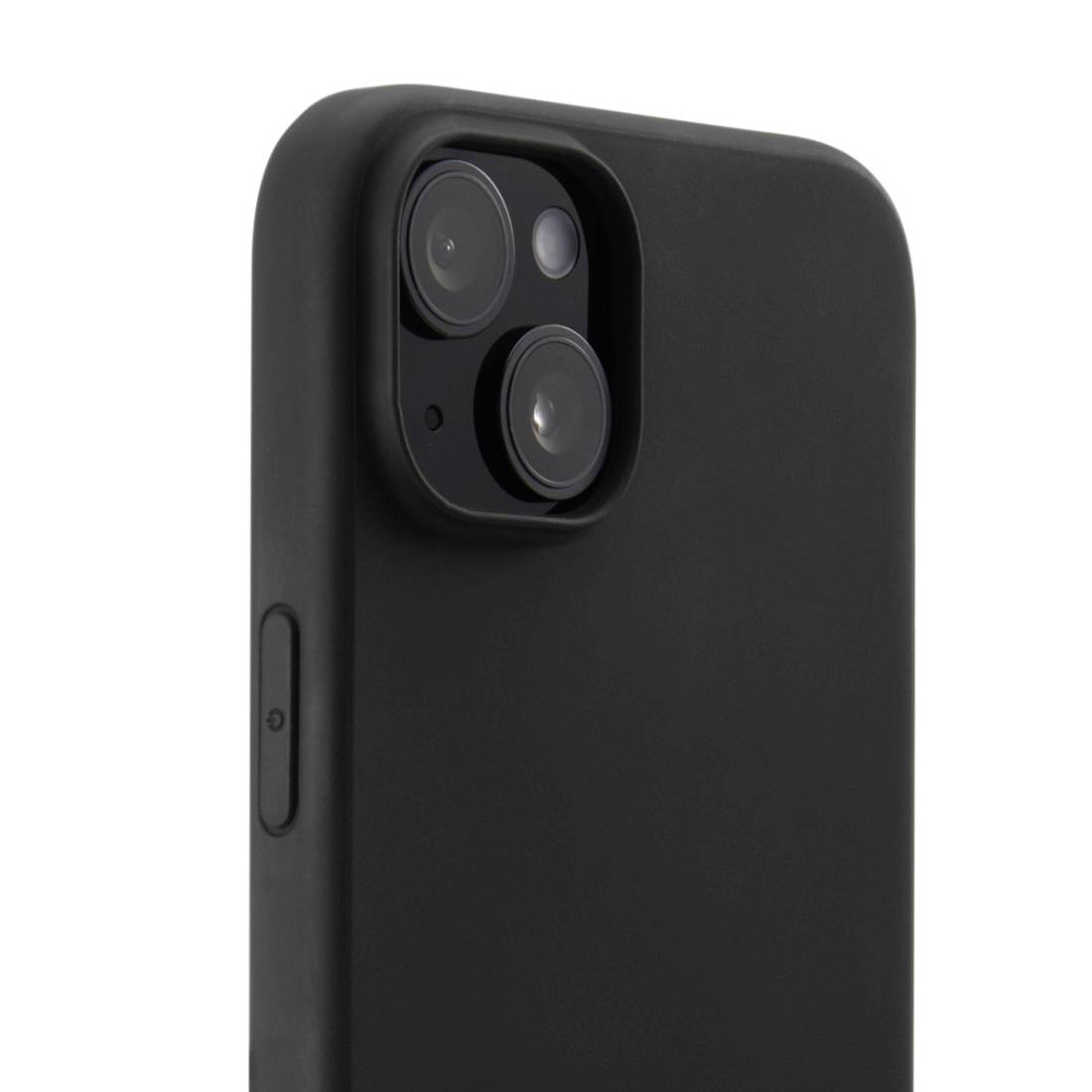 Černý smartphone s duální kamerou na zadní straně, pohled z boku.