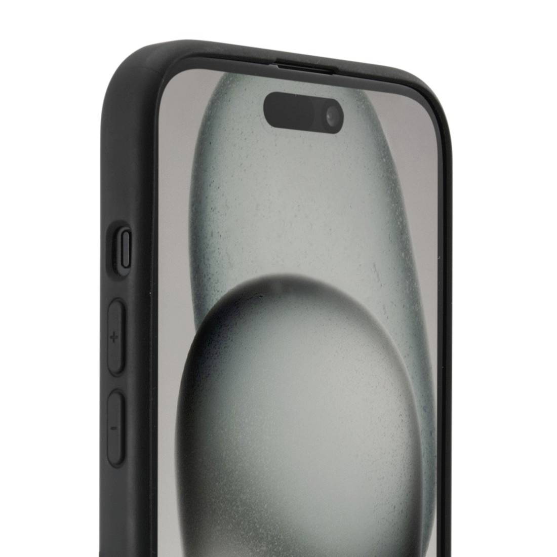 Moderní smartphone s černým tělem, bočním ovládáním hlasitosti a hladkým displejem, design v popředí.