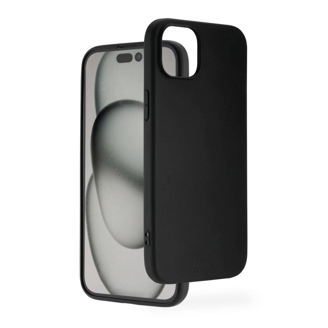 Černý obal na smartphone s měkkým povrchem, který se vznáší nad mobilním telefonem a chrání jej. Pozadí zobrazuje stylizované kruhy.