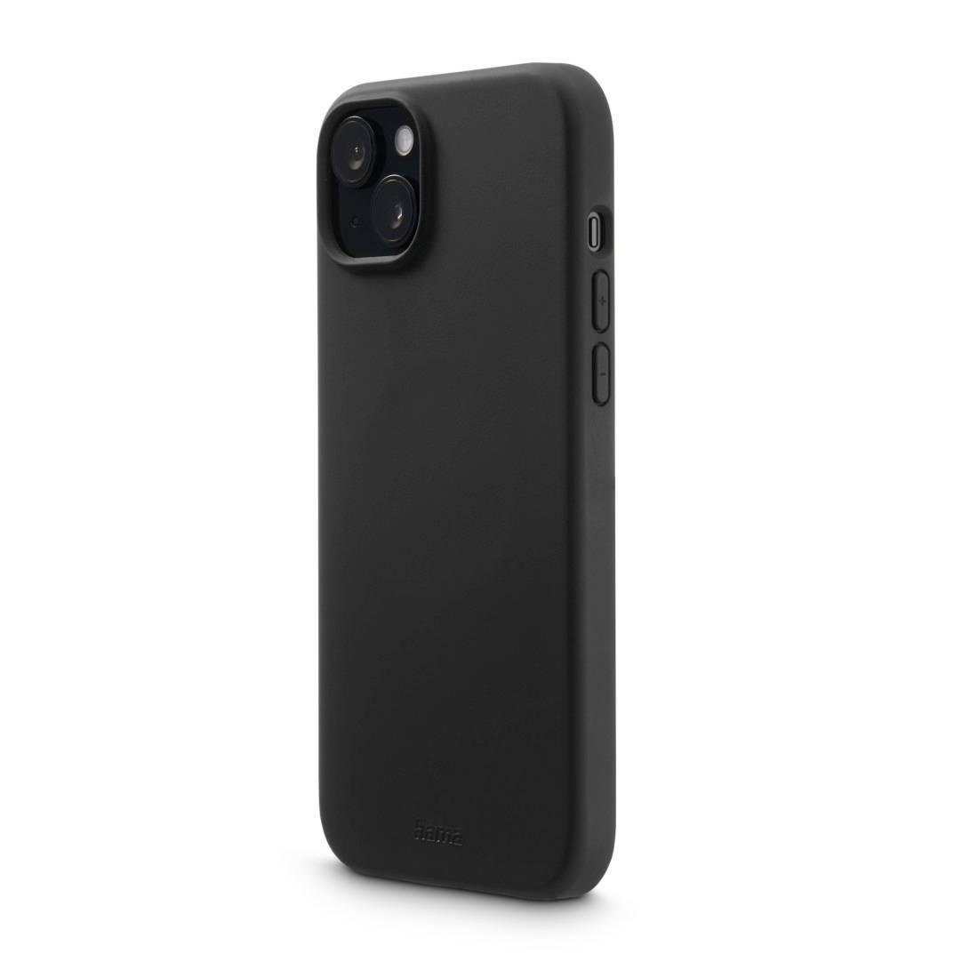 Černý telefon v černém obalu, objektivy fotoaparátu viditelné, stojící vzpřímeně.