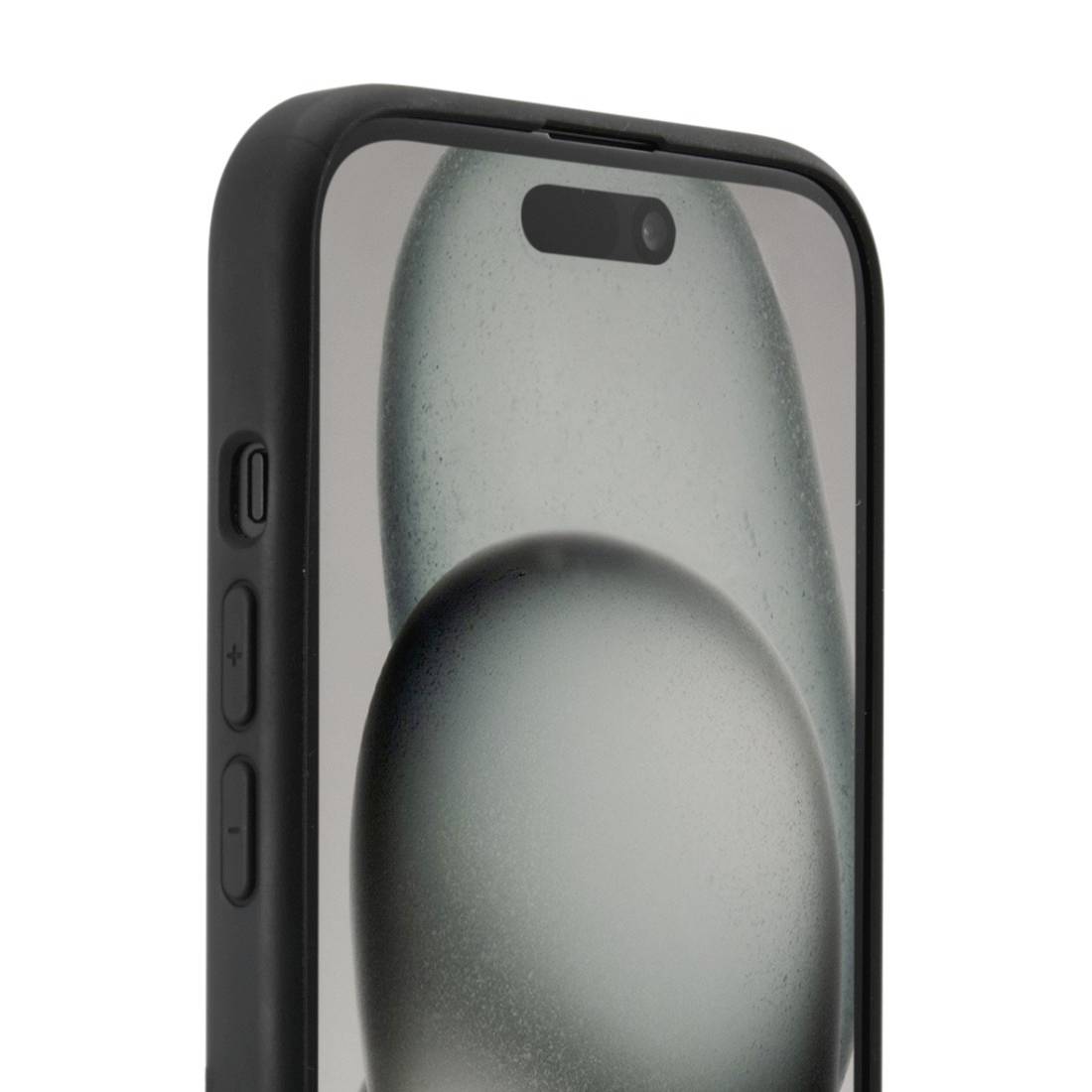 Smartphone se zaoblenými hranami, bočními tlačítky a displejem s organickým designem v šedých tónech.