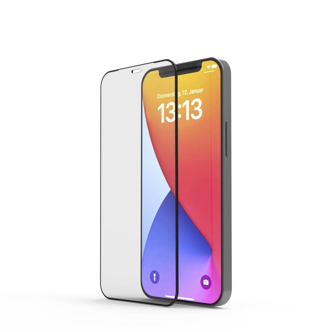 Smartphone s barevným displejem zobrazující datum a čas. Vedle něj ochranná fólie na displej.