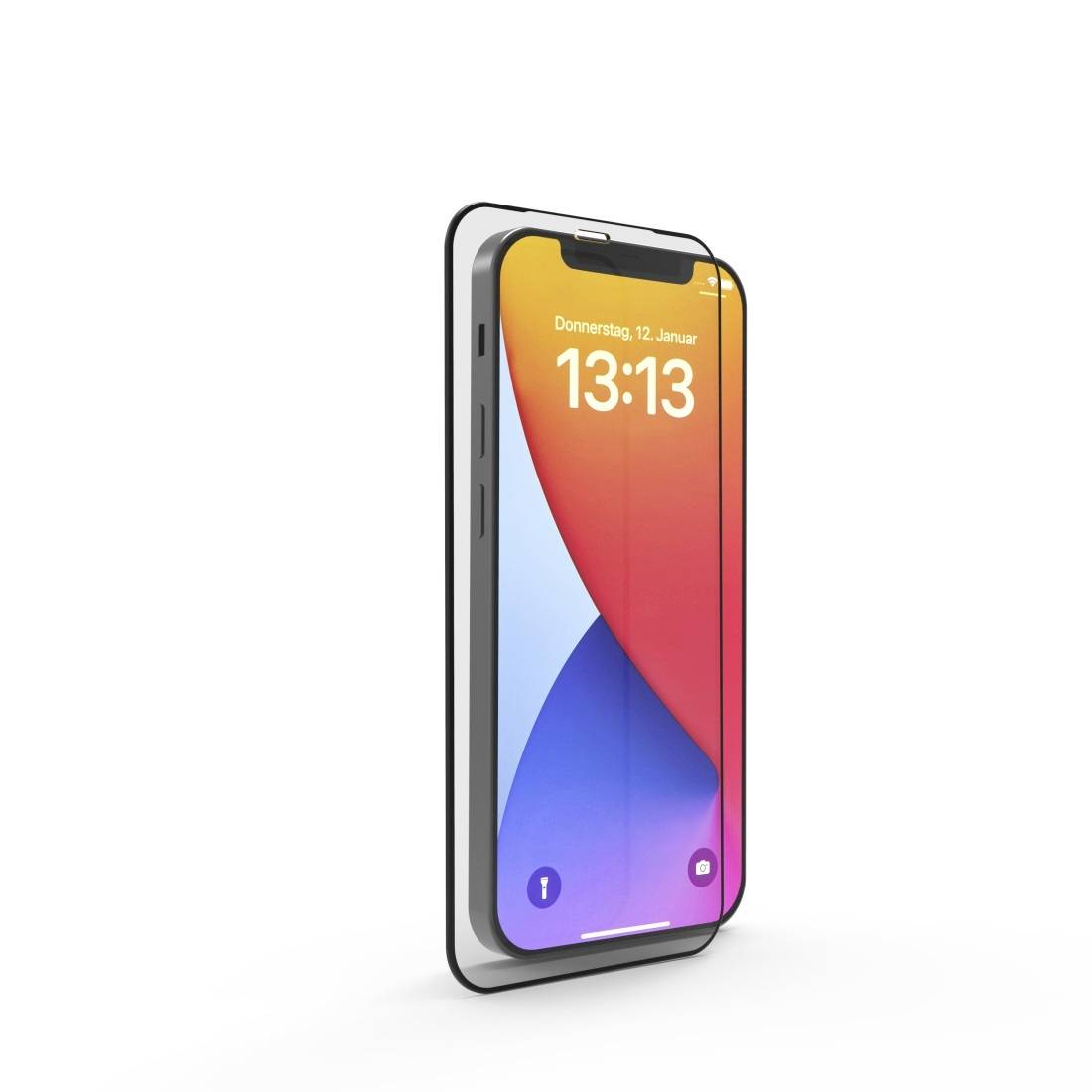 Smartphone s barevným pozadím displeje, zobrazující čas '13:13' a datum 'čtvrtek, 12. ledna'.