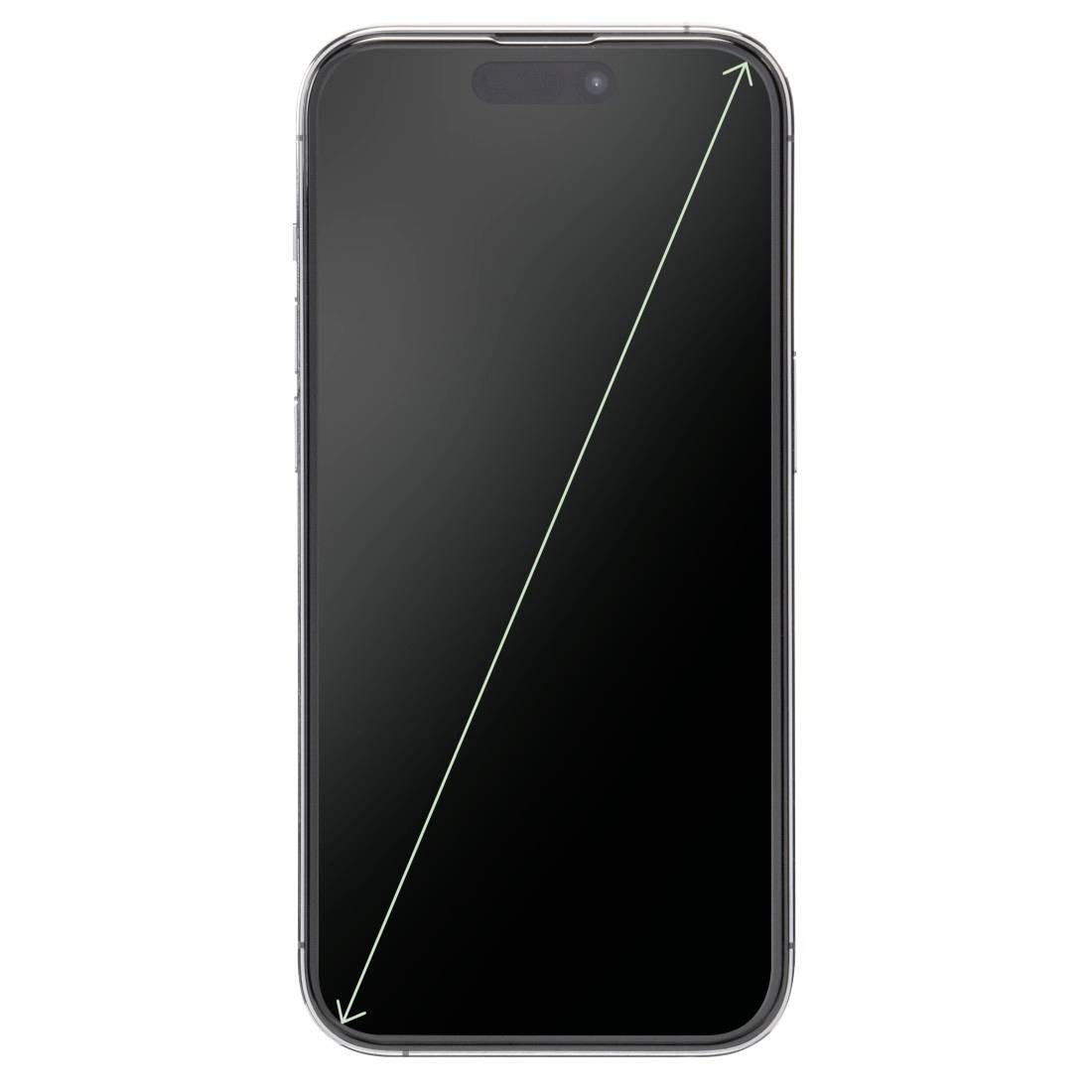 Smartphone s černým displejem a úhlopříčnou čarou znázorňující velikost displeje.