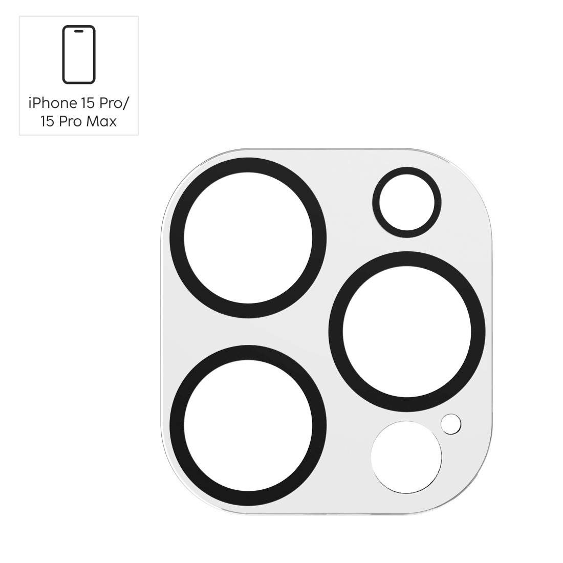 Zadní strana smartphonu se třemi velkými a dvěma malými kamerovými otvory. Vlevo nahoře nápis 'iPhone 15 Pro/15 Pro Max'.