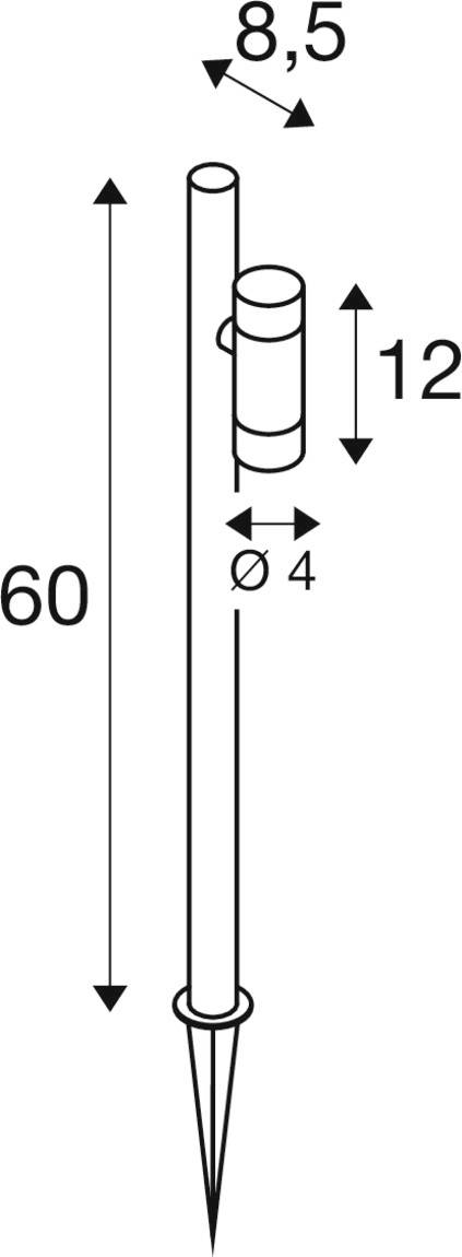 Diagram tyče s rozměry: výška 60 cm, boční rameno 12 cm, vzdálenost nahoře 8,5 cm, průměr 4 cm. Špička dole.