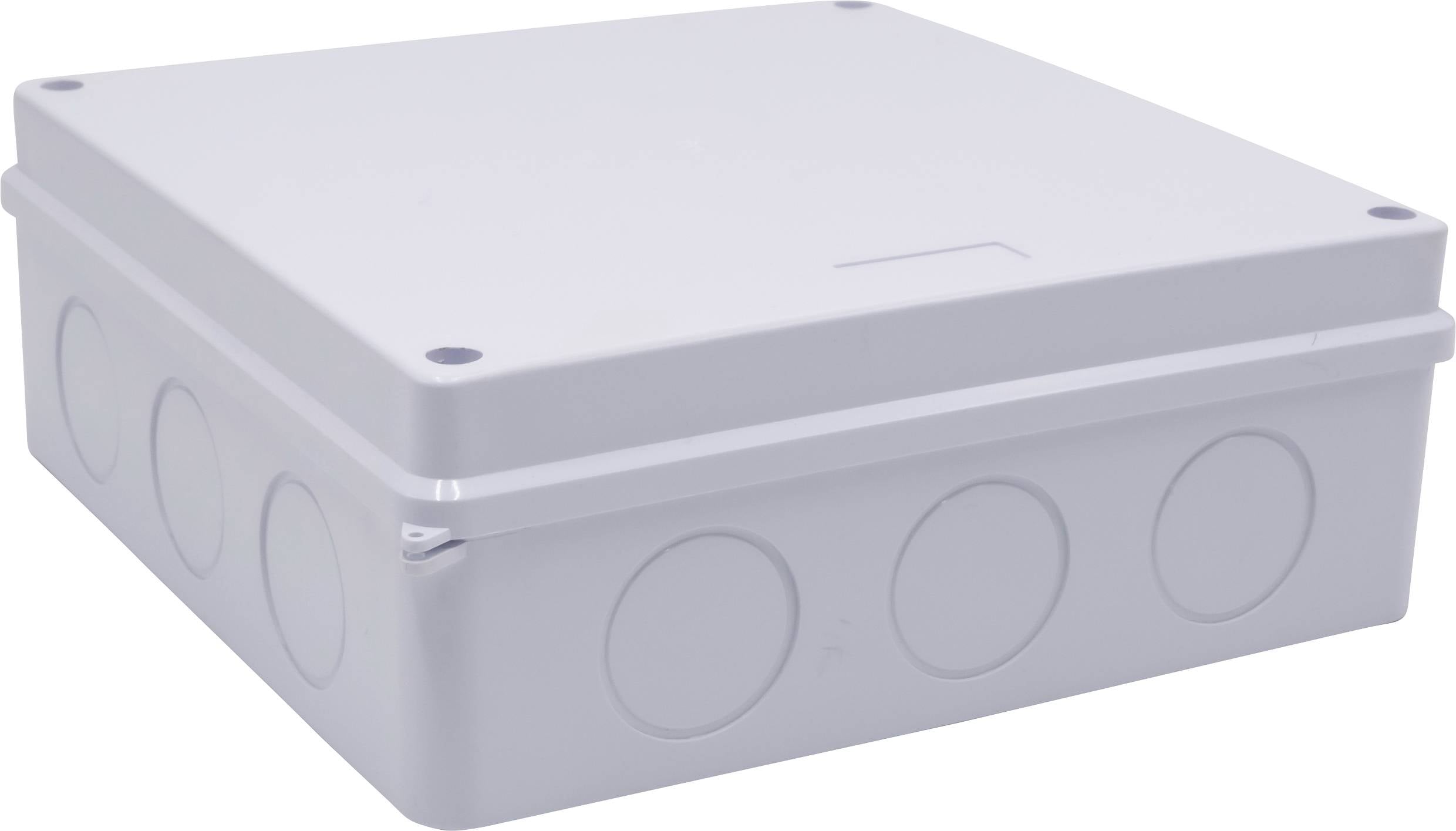 Šedý, čtvercový plastový připojovací box s kulatými výřezy po stranách. Ideální pro elektrické kabelové přípojky.