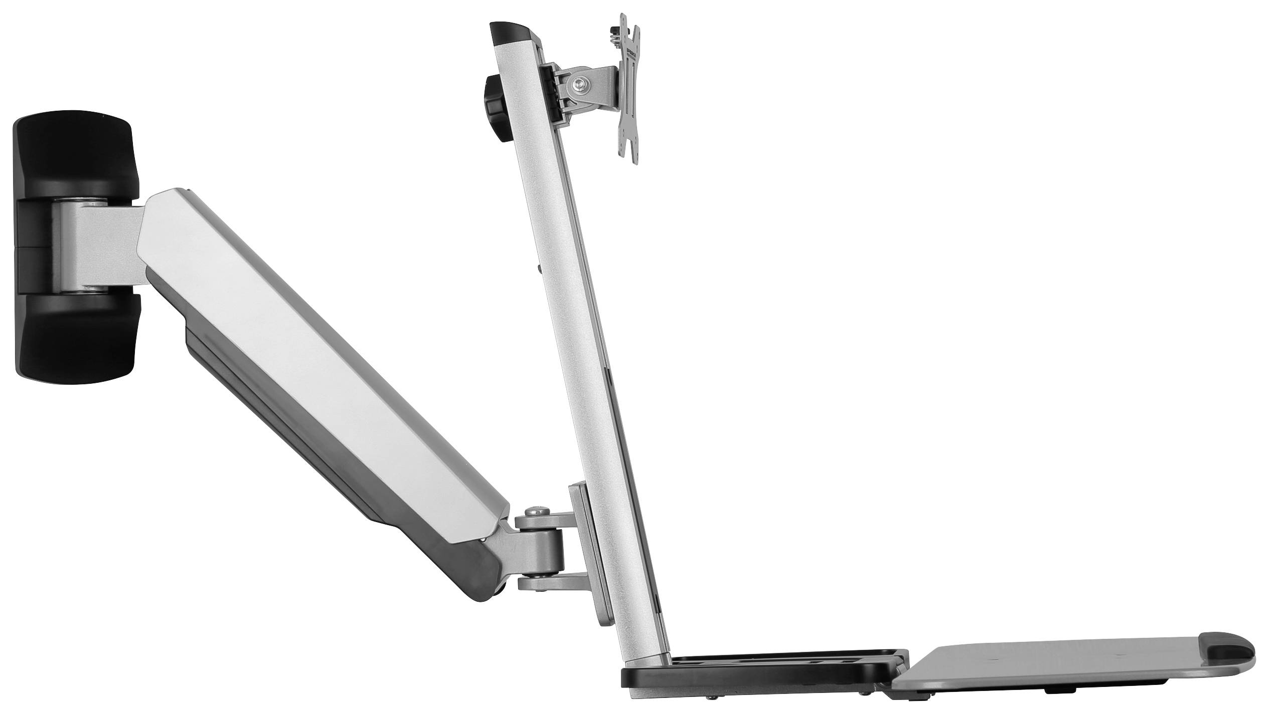 Stříbrný, nastavitelný rameno monitoru s držákem ukazuje svůj boční pohled. Je určen jako ergonomický kancelářský doplněk.