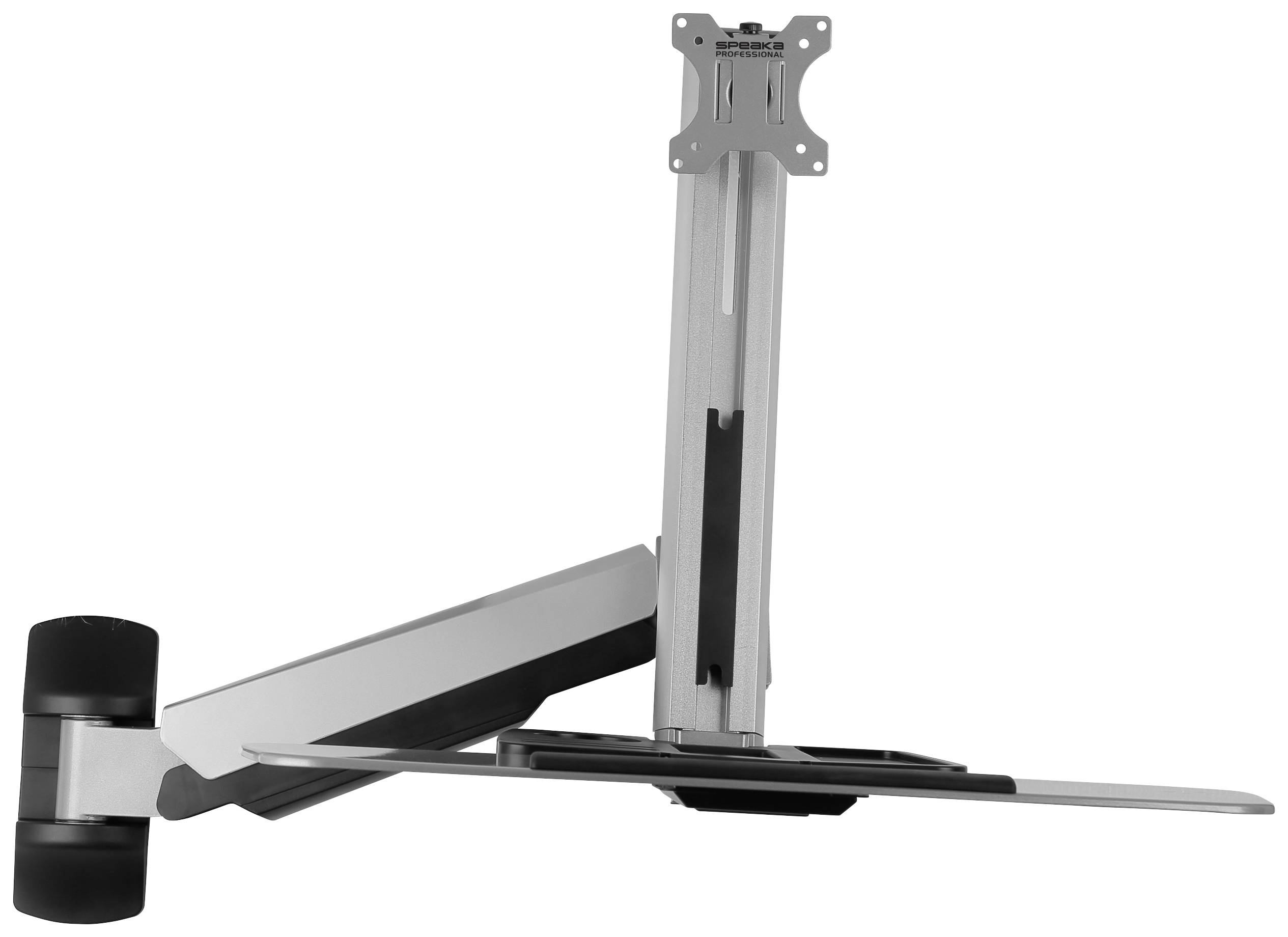 Nástěnný držák pro monitory s nastavitelným ramenem, vhodný pro ergonomickou práci. Udrží obrazovky v různých polohách.
