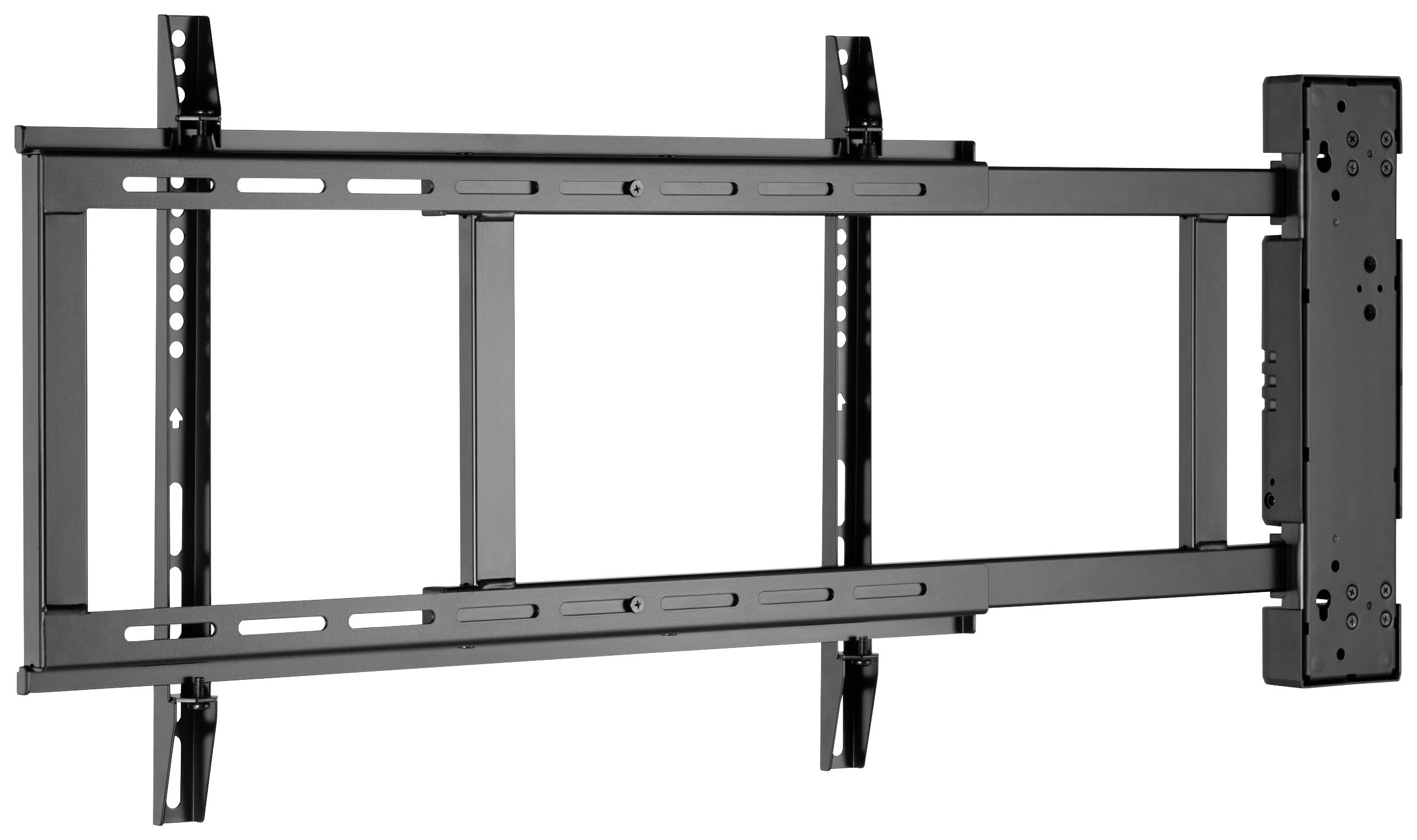 Černý, robustní nástěnný držák na TV s nastavitelnými rameny pro různé velikosti obrazovek. Ideální pro flexibilní upevnění na stěnu.