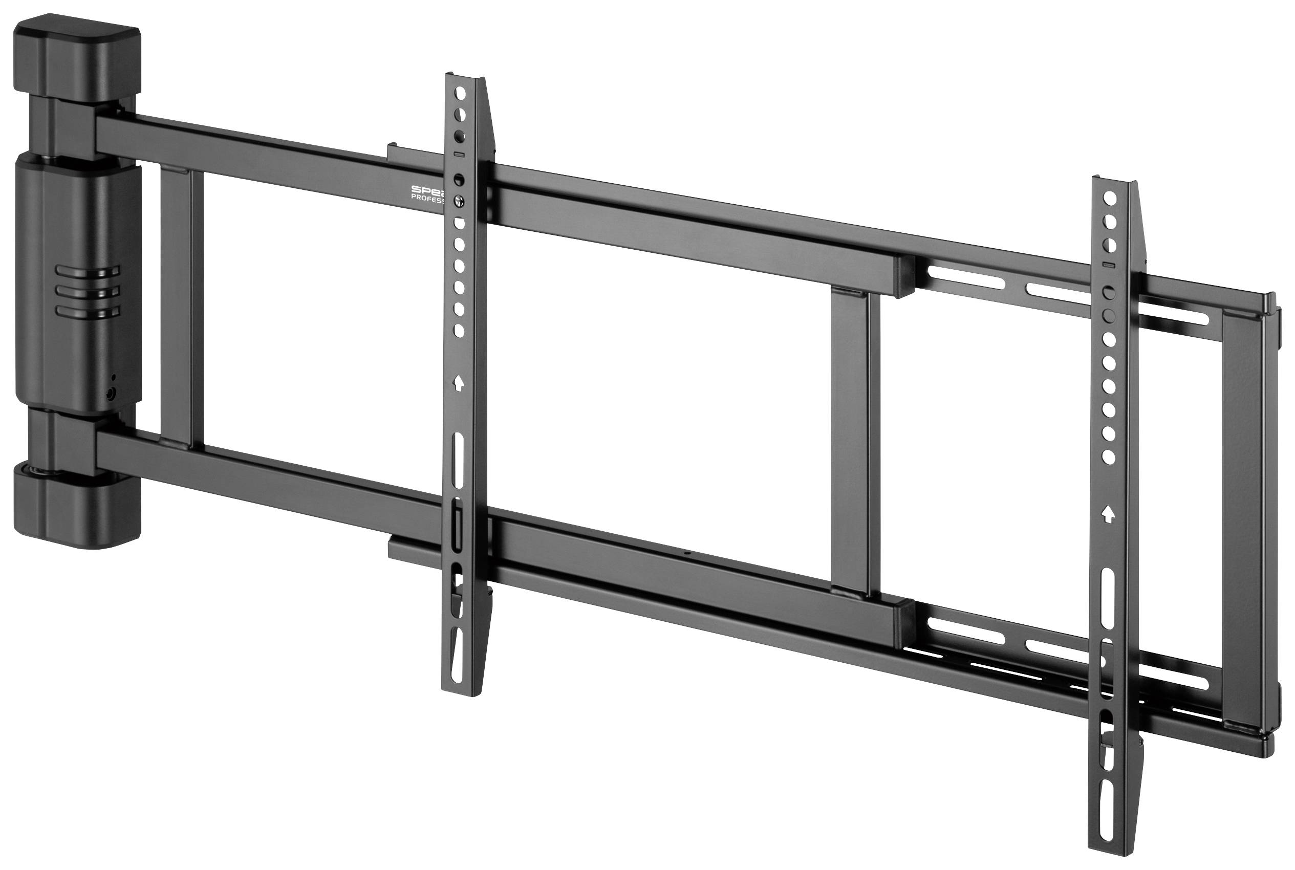 Černý, délkově nastavitelný nástěnný držák na TV s bočními klouby, který umožňuje flexibilní umístění.