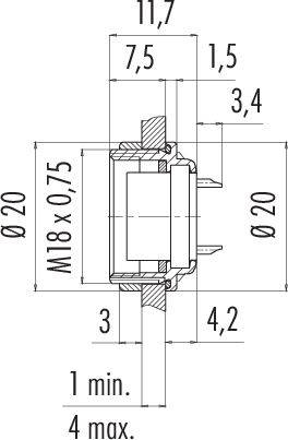 Technický výkres válcového senzoru s přesnými rozměry: průměr 20 mm, délka 11,7 mm, závit M18 x 0,75.