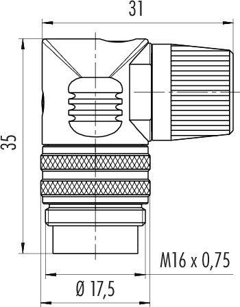 Technický výkres připojovacího dílu s rozměry: délka 31 mm, výška 35 mm, závit M16 x 0,75, průměr 17,5 mm.