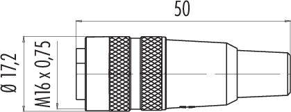 Technický výkres konektoru s rozměry: délka 50 mm, průměr 17,2 mm. Specifikace závitu 'M16 x 0,75'.