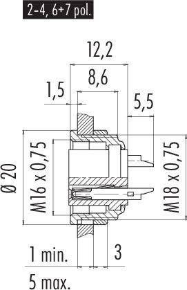 Technický výkres konektoru s detaily rozměrů: výška 12,2 mm, šířka 8,6 mm. Závit M16 x 0,75 a M18 x 0,75.