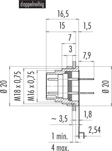 Technický výkres polovičního válce s oboustranným řezem s metrickými závity M18 x 0,75 a M16 x 0,75, s uvedenými detailními rozměry.