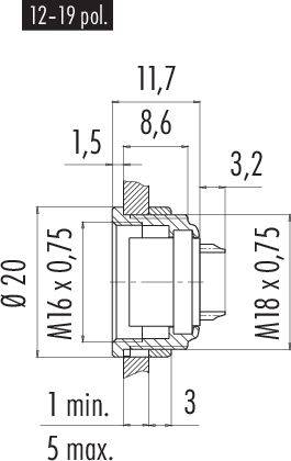 Technický výkres montážního prostoru s rozměry: šířka 11,7 mm, hloubka 8,6 mm, průměr 20 mm, závit M16x0,75 a M18x0,75.