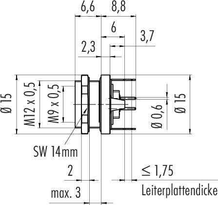 Technický výkres konektoru s rozměry: průměr 15 mm, závit M12 x 0,5, tloušťka desky plošných spojů až 1,75 mm.