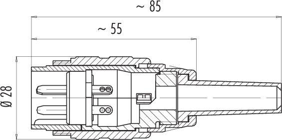 Technický výkres válcového konektoru s rozměry: délka cca 85 mm, střední sekce cca 55 mm, průměr 28 mm.