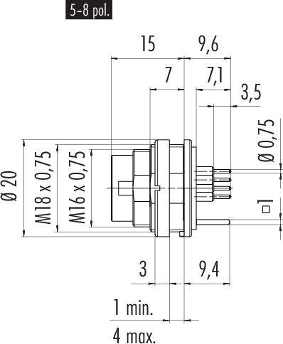 Technický výkres elektrického konektoru s rozměry. Závity M18 x 0,75 a M16 x 0,75. Rozměry v mm.