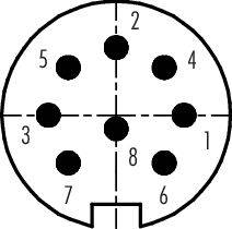 Zapojovací diagram s osmi číslovanými body upevnění. Body jsou uspořádány v kruhu, číslovány po směru hodinových ručiček od 1 do 8.
