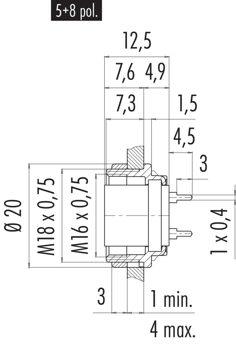 Technický výkres elektrického konektoru: průměr 20 mm, rozměry a připojení uvedeny v mm.