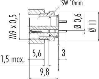 Technický výkres konektoru v řezu s rozměry: M9 x 0,5 závit, délka 9,8 mm, šířka 11 mm.