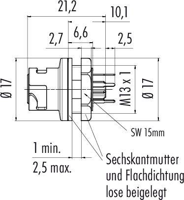 Technický výkres konektoru s rozměry v milimetrech. Obsahuje závit M13, šestihrannou matici SW 15 mm.